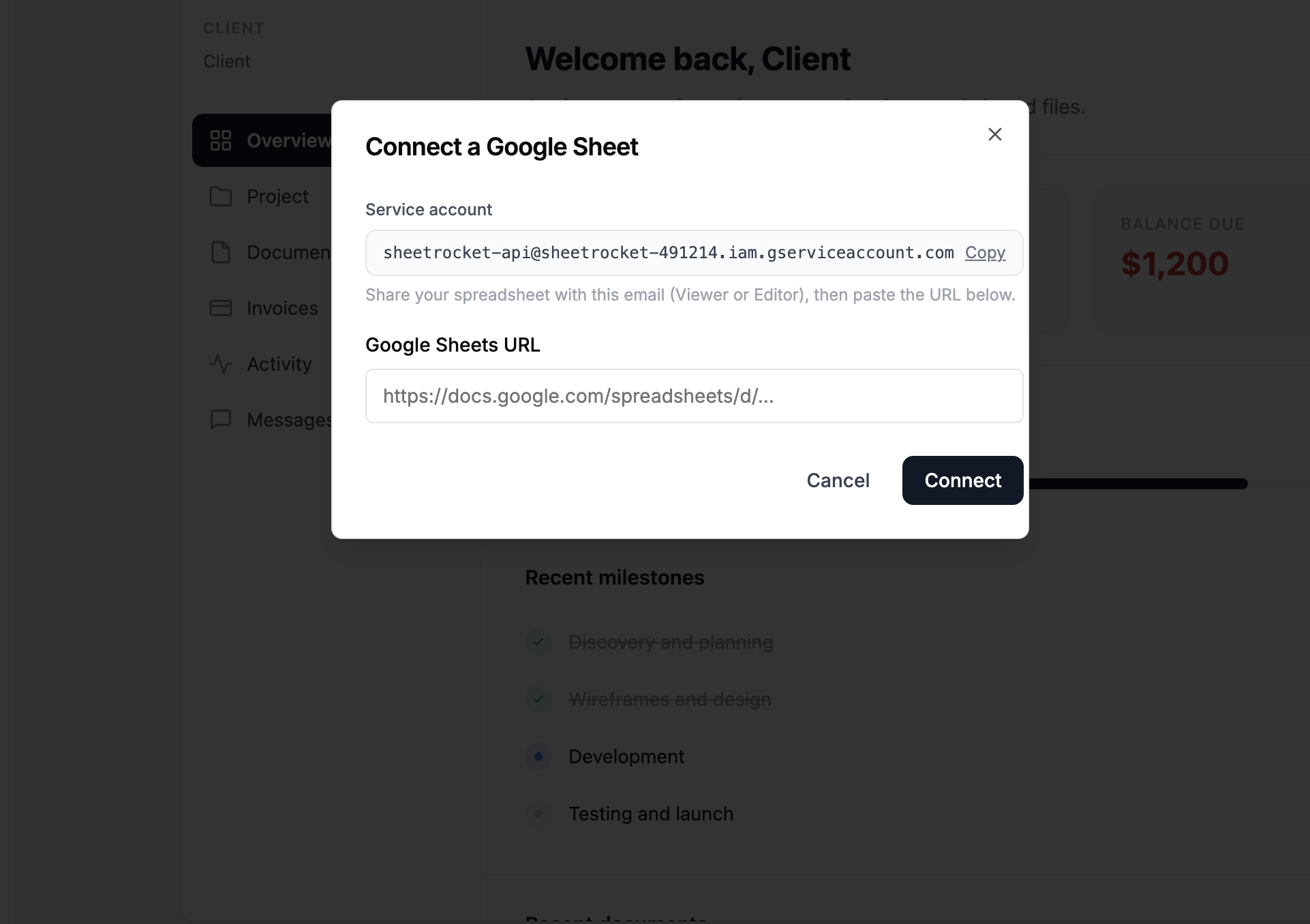 Screenshot showing google service account email