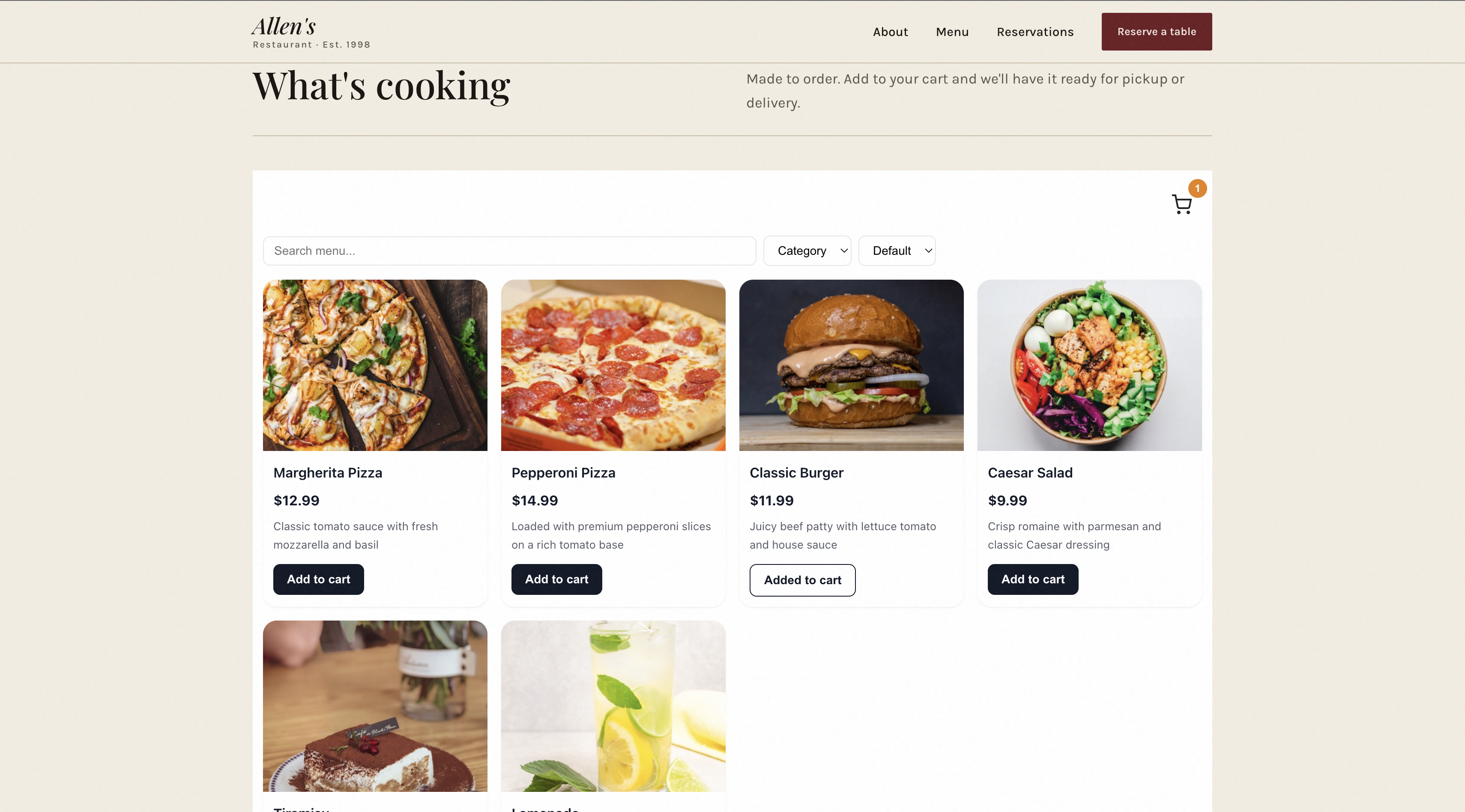 Screenshot of the live demo section on the blog post showing the SheetRocket menu widget with pizza and pasta cards visible