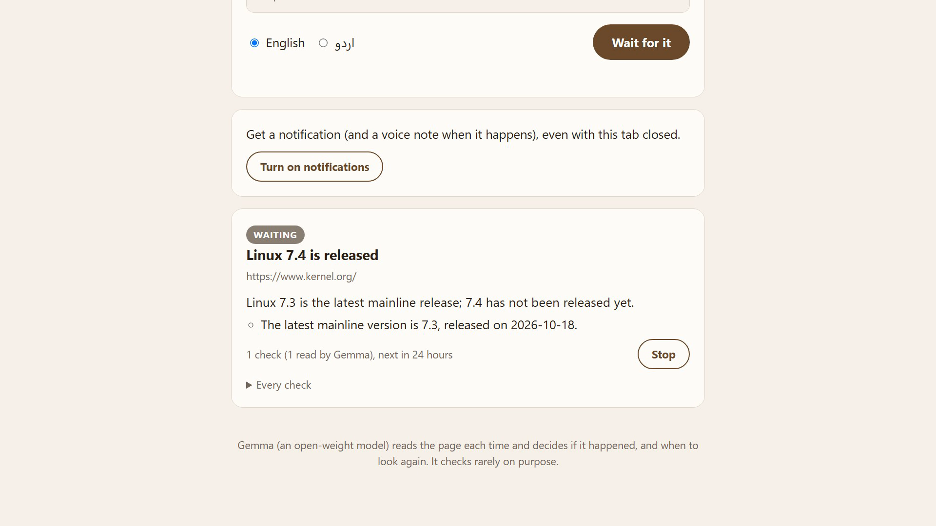 First check of a new watch: Linux 7.3 is the latest, 7.4 not yet, next look in 24 hours