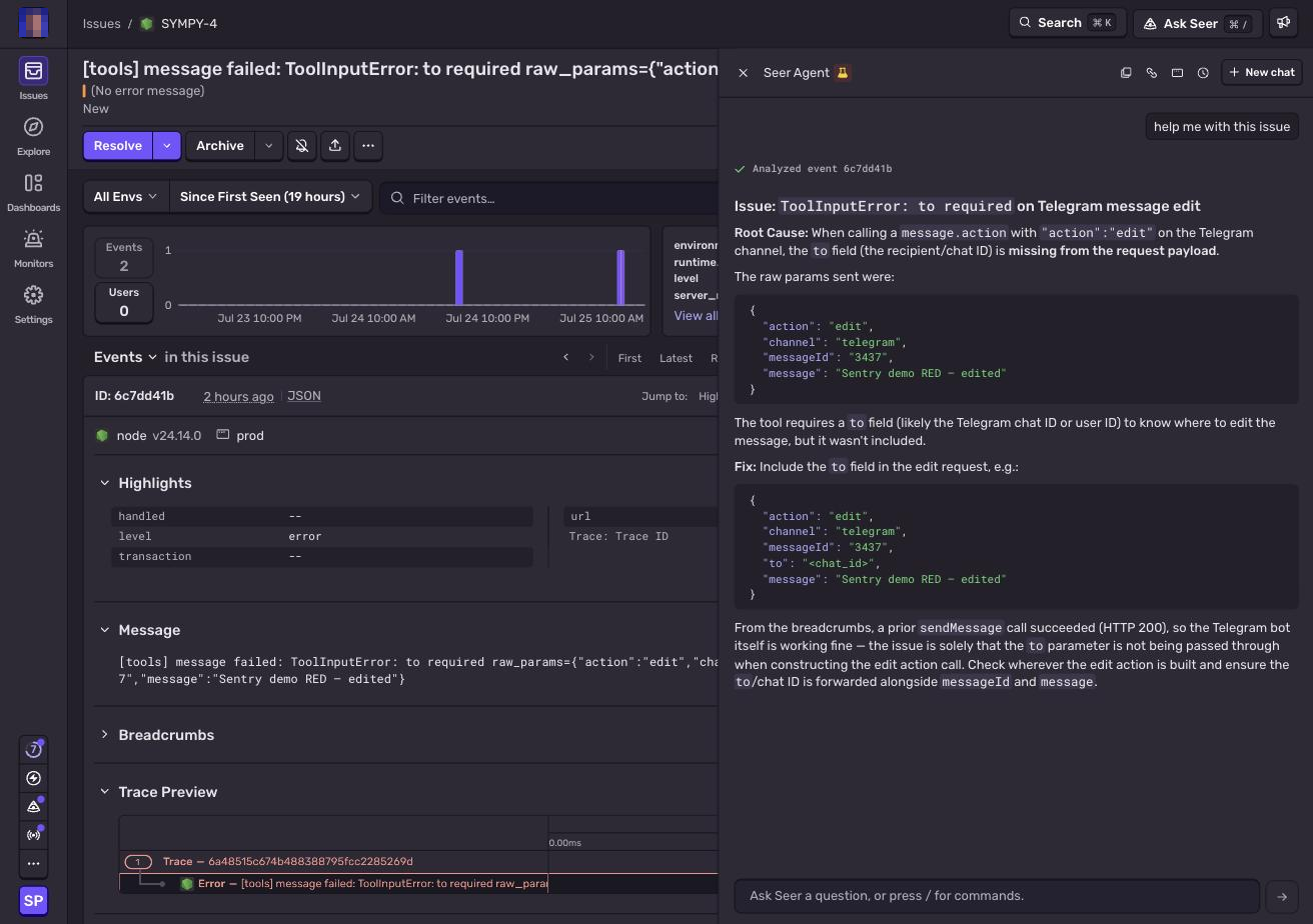 Sentry Seer panel reconstructing the root cause of the issue from breadcrumbs