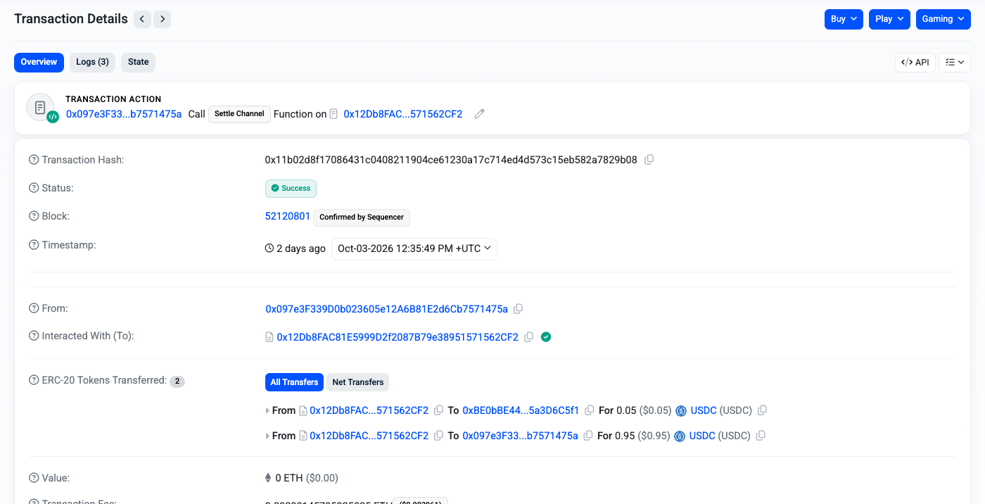 BaseScan: settleChannel for factorworks, 0.05 USDC to the hub signer and 0.95 USDC back to the buyer.