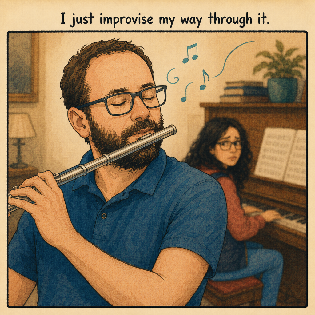 Same close-up, Raphaël unfazed, music notes floating freely. Caption: I just improvise my way through it.