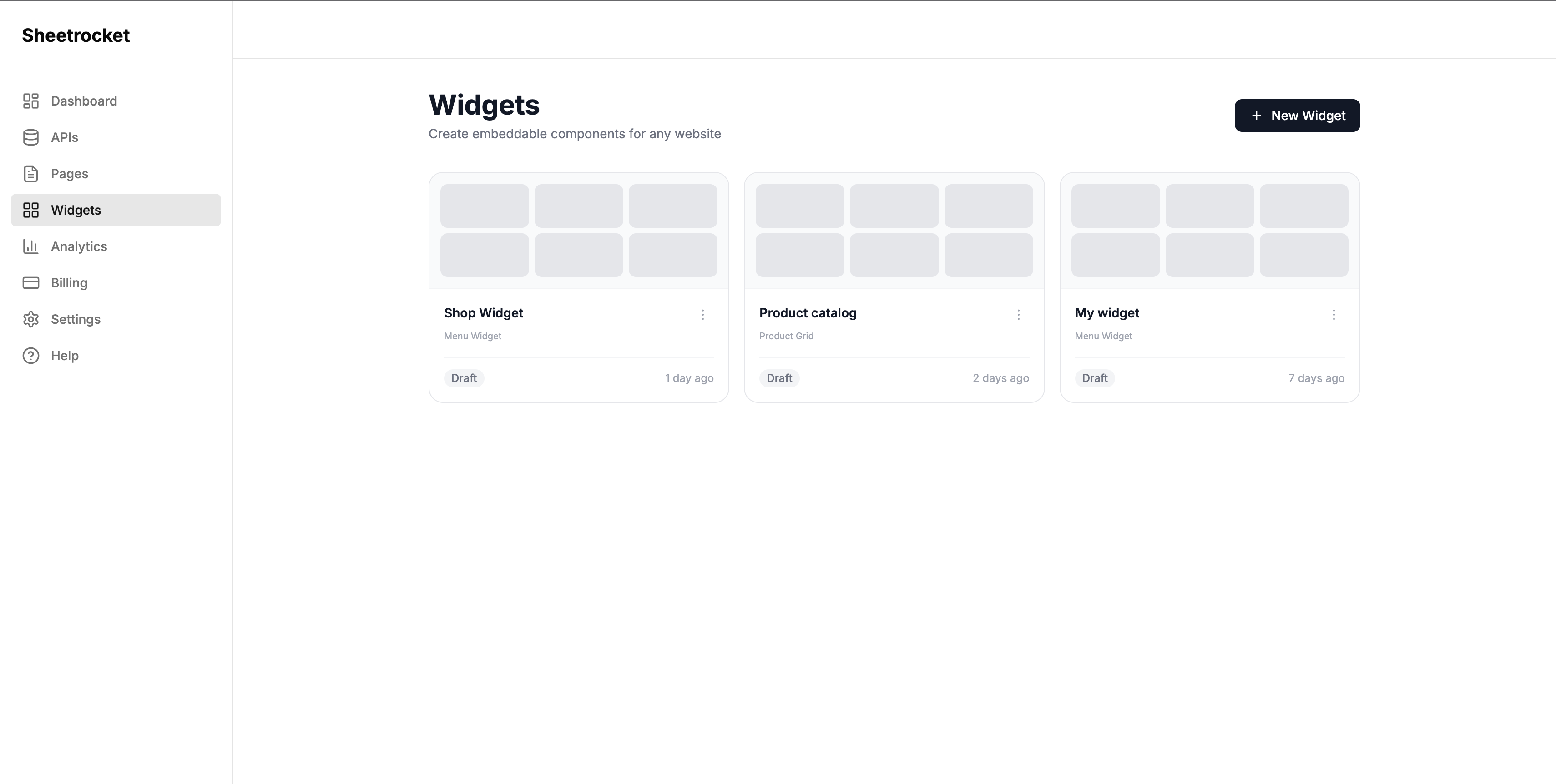 Screenshot of the Widgets page with the Create widget button highlighted