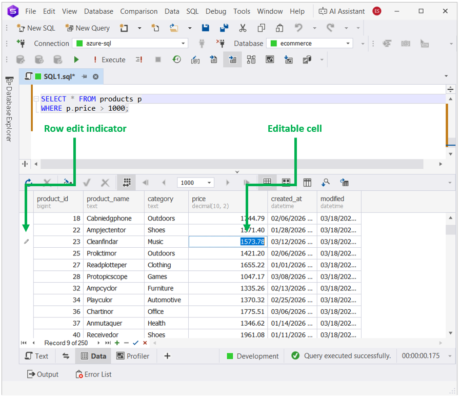 Editable data grid with an inline cell value being changed
