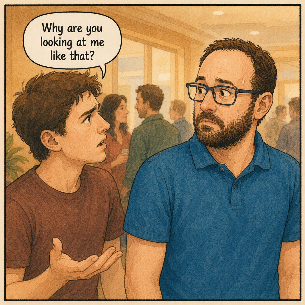 A younger man confronts Raphaël, speech bubble: Why are you looking at me like that?