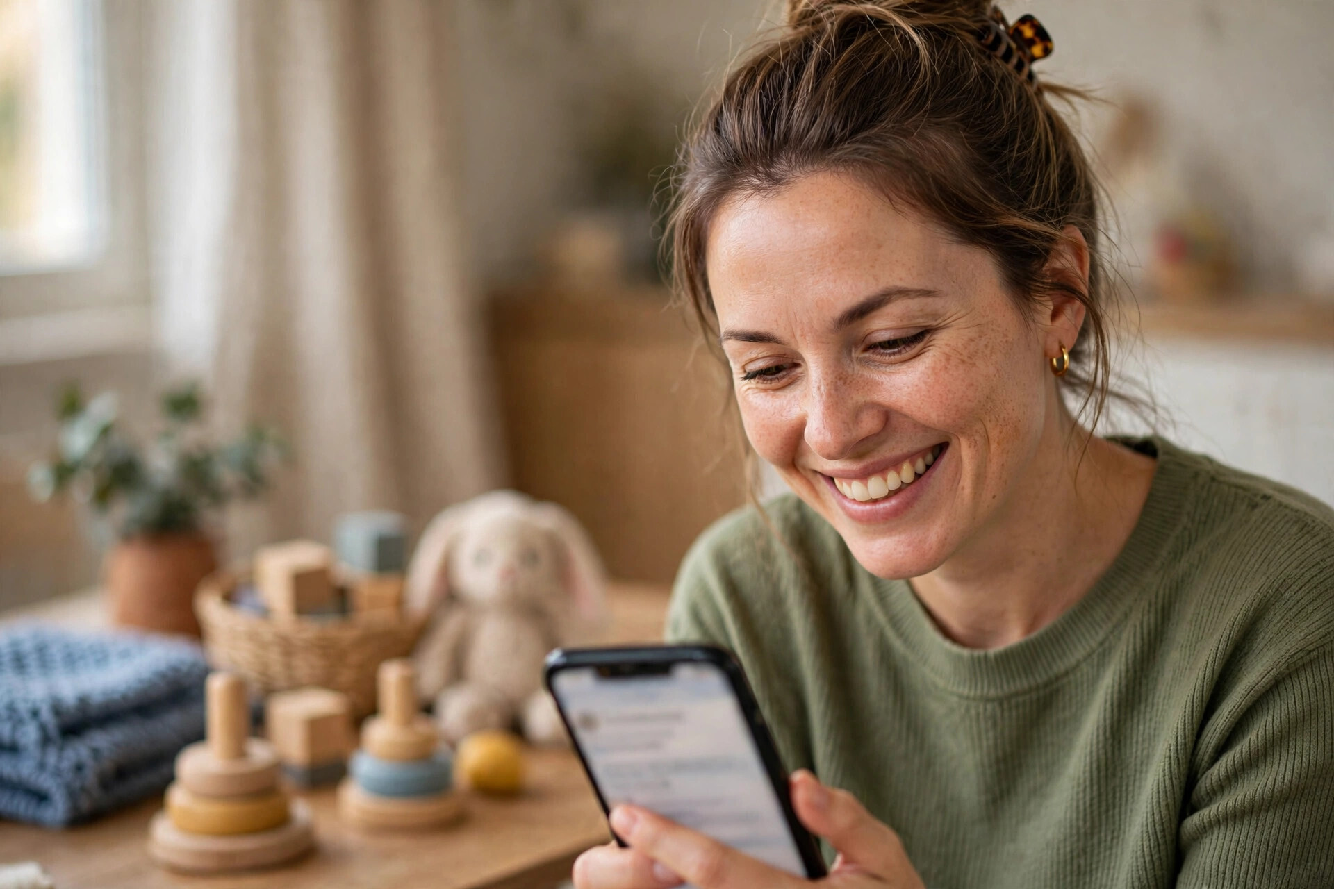 Happy parent writing a review for a local daycare center on a phone