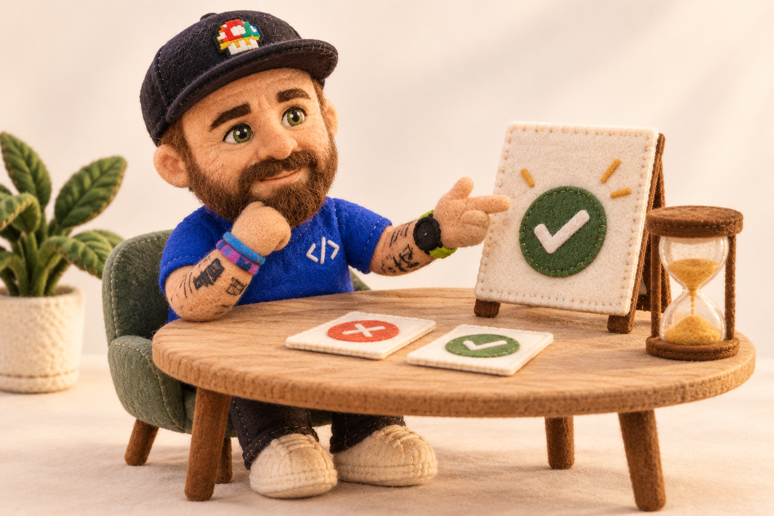 Plush Emanuele at a meeting table with an hourglass and a decision board.
