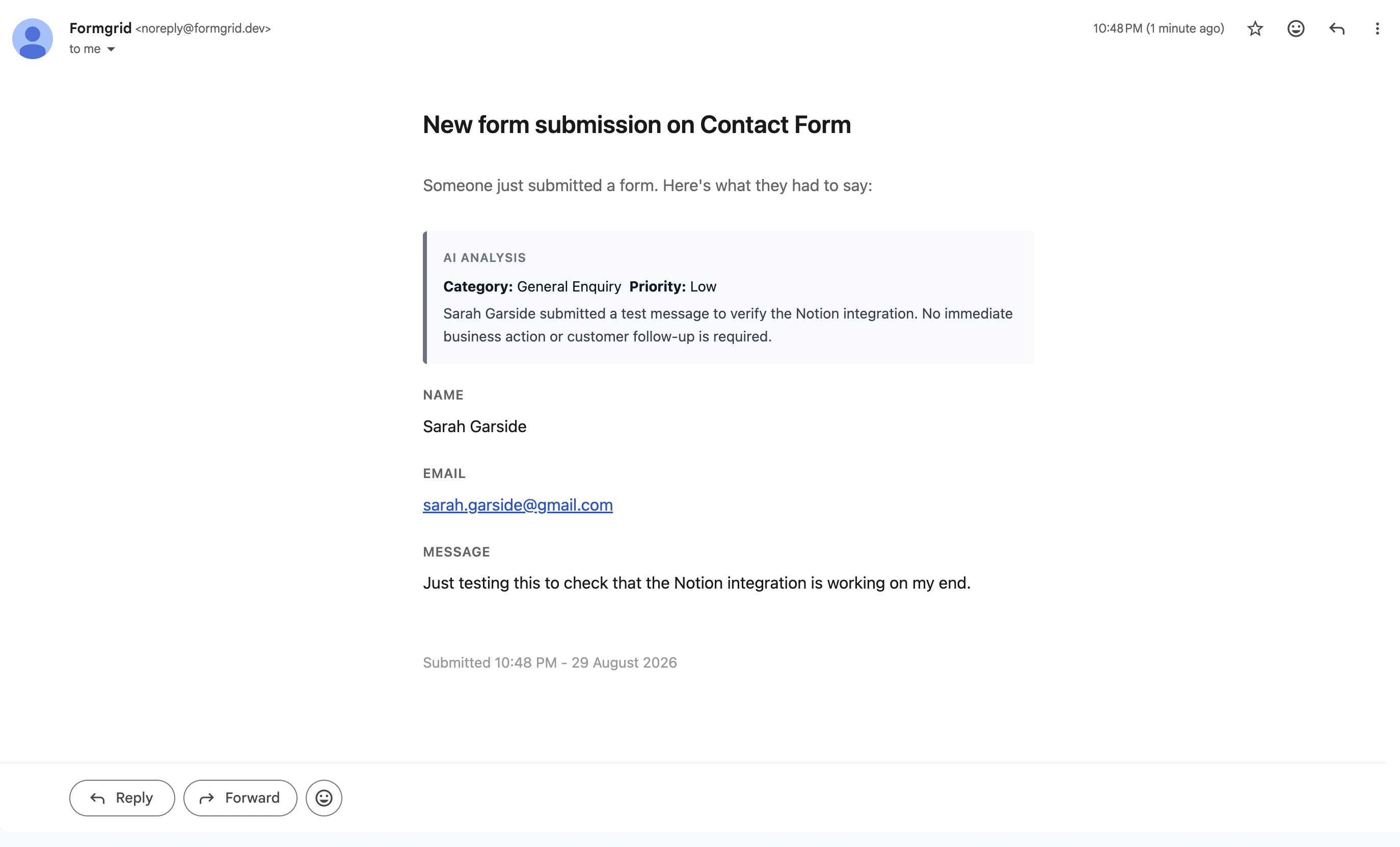 Screenshot showing email with general enquiry