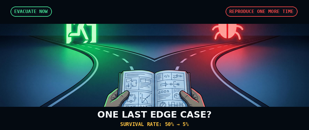 A QA engineer choosing between evacuation and reproducing a bug