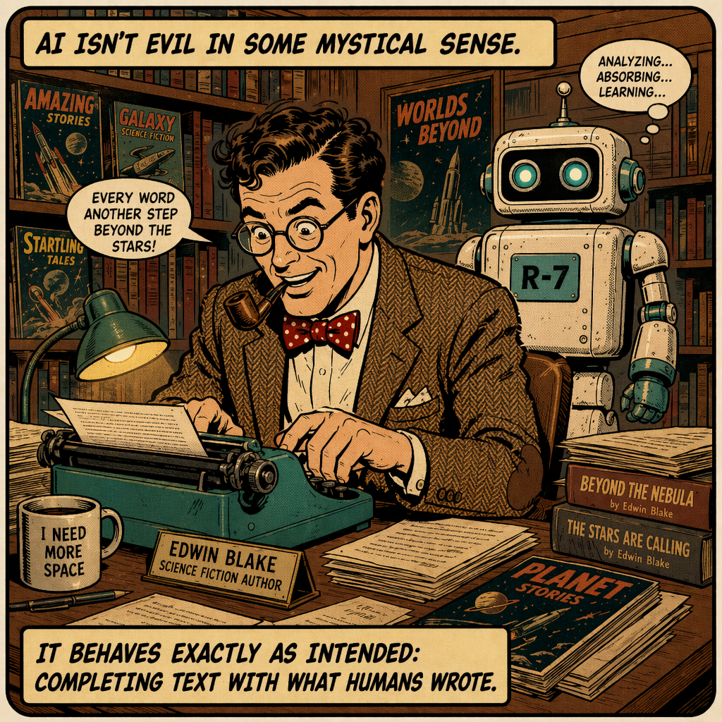 Panel 6 - AI isn't evil in some mystical sense. It behaves exactly as intended.