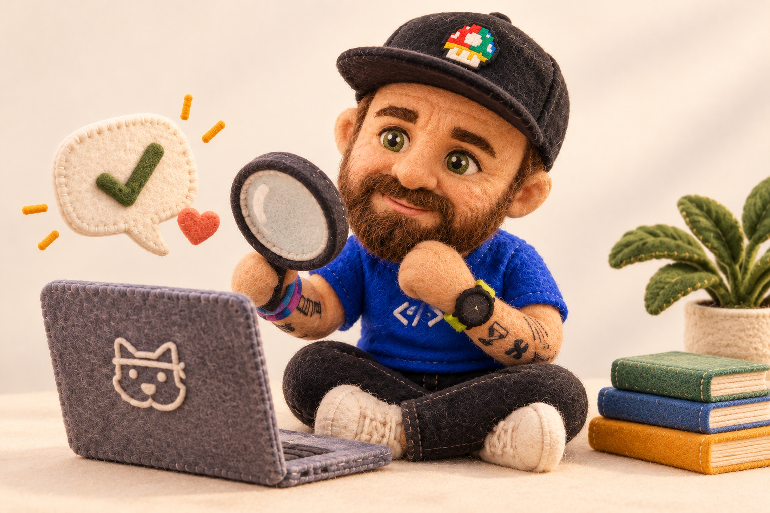 Plush Emanuele reviewing a laptop with a magnifying glass and a friendly feedback bubble.