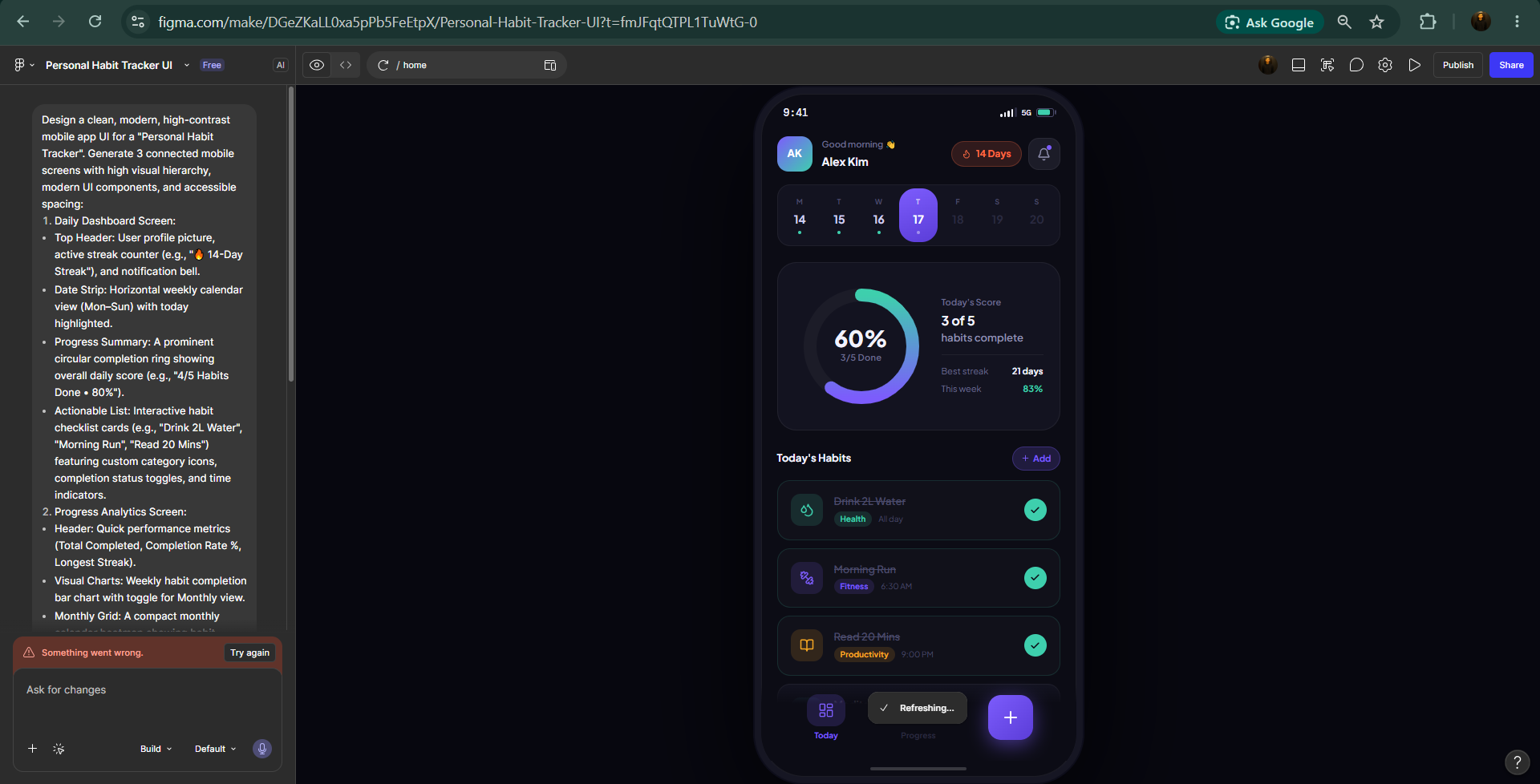 Figma Make editor showing a dark-mode mobile UI for a habit tracker dashboard with a 60% completion ring and daily habit items.