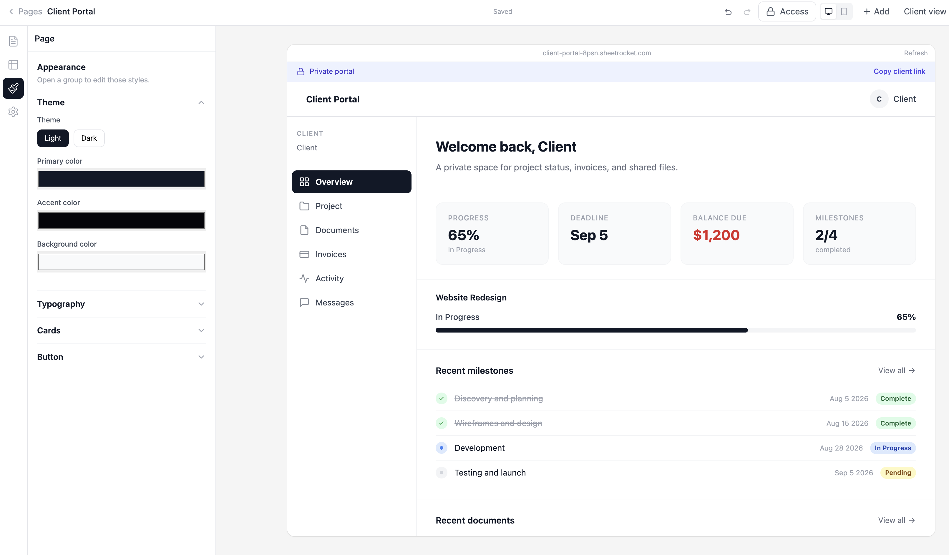 Screenshot of the portal branding settings with agency name, logo URL, and primary color fields