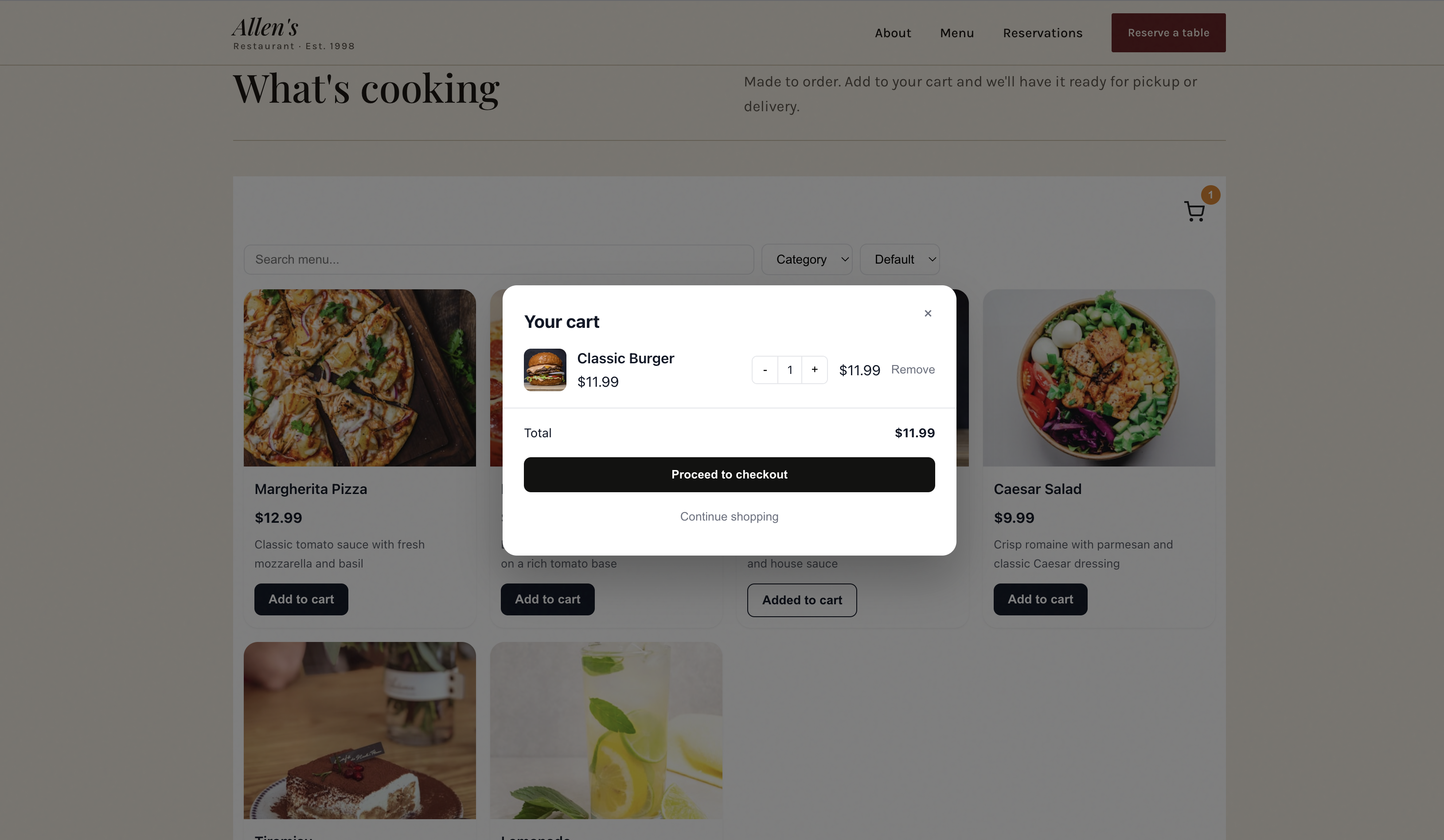 Screenshot of the cart modal open with two items, quantities, a total, and a Checkout button