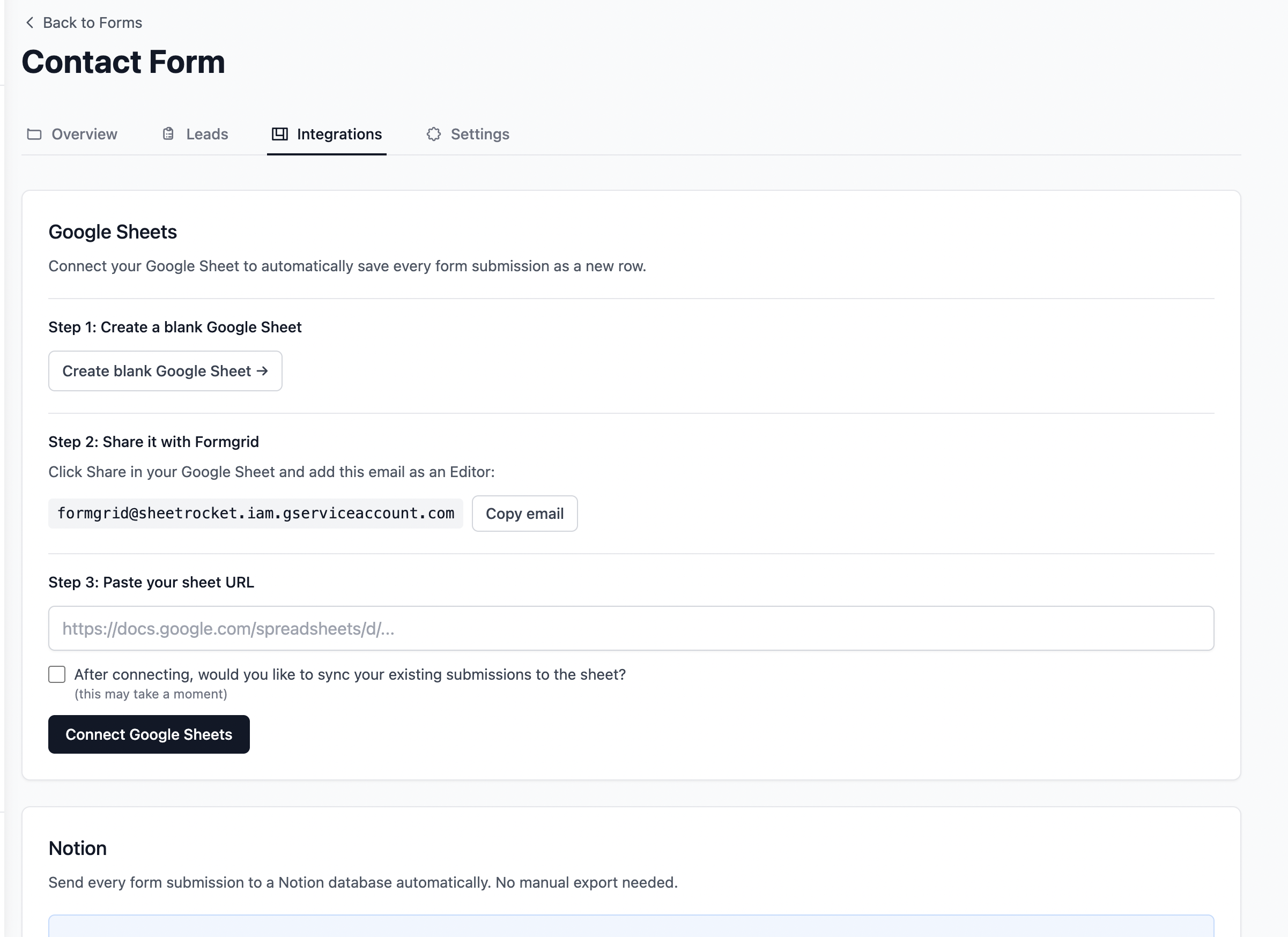Screenshot: Formgrid form details page with the Integrations tab highlighted