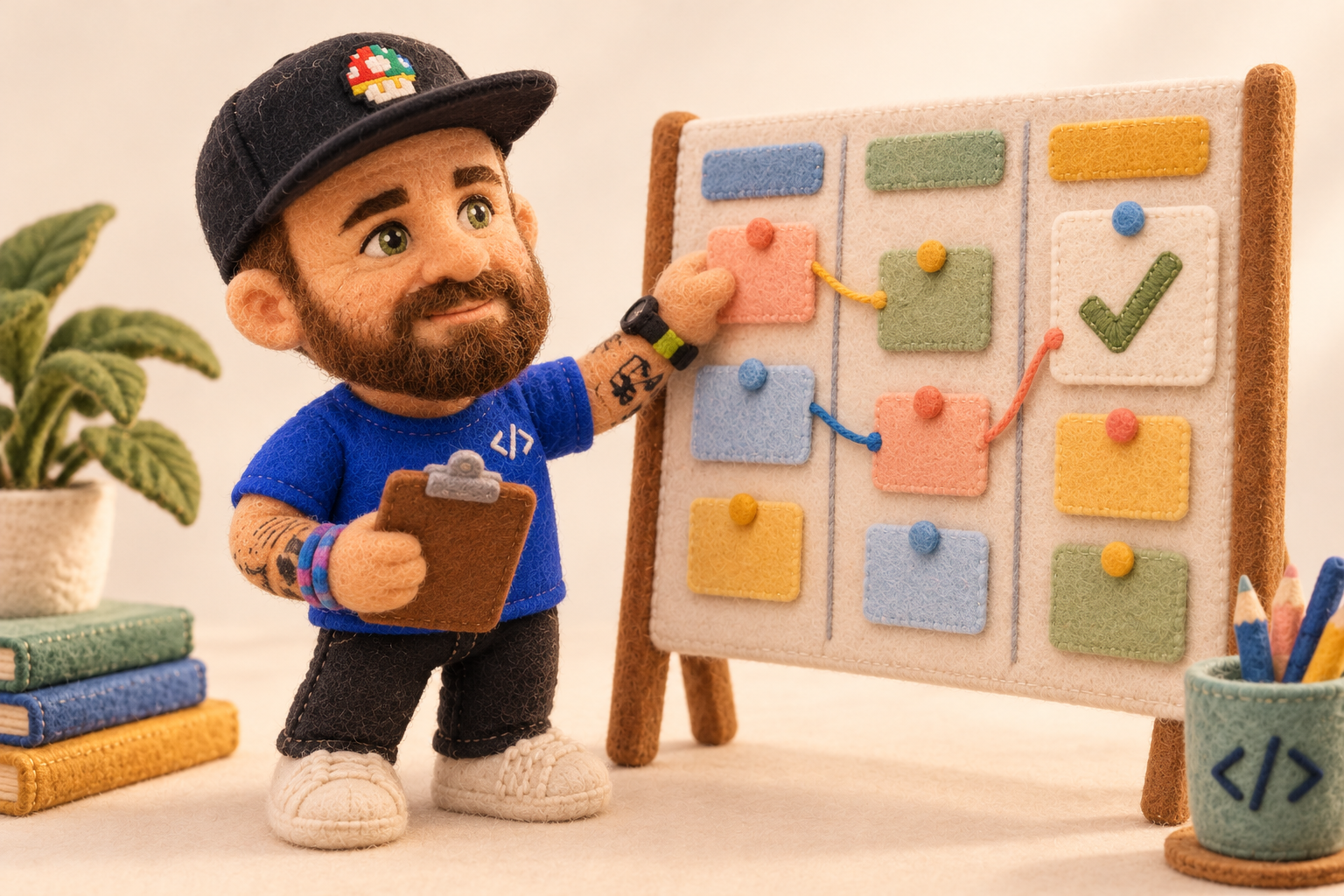 Plush Emanuele arranging connected task cards on a felt board.