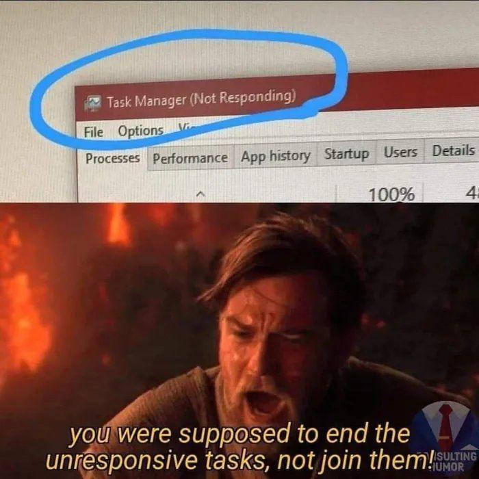 A two-panel meme. The top panel is a screenshot of Windows Task Manager with its title bar reading "Task Manager (Not Responding)," circled in blue. The bottom panel shows a distressed man in front of flames with the caption "you were supposed to end the unresponsive tasks, not join them!"