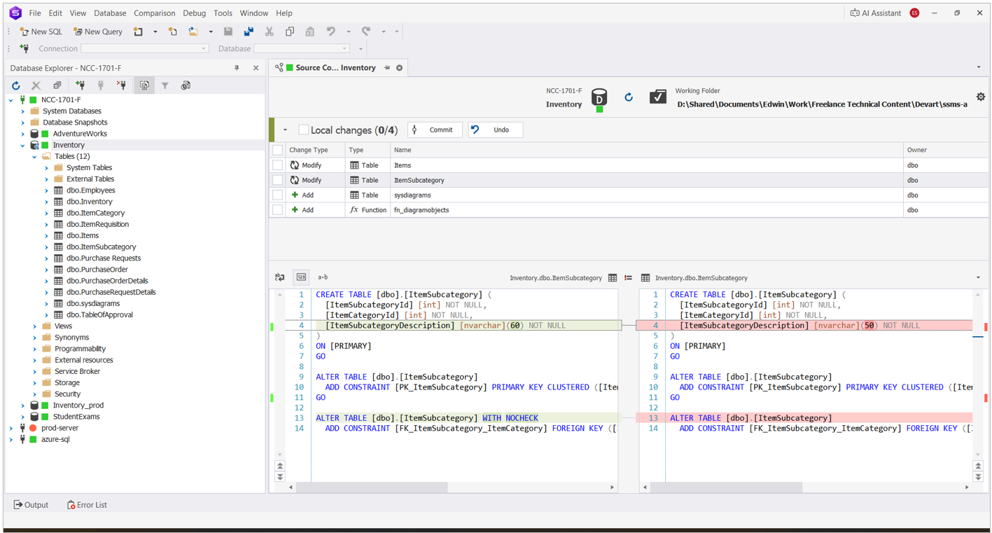 Pending schema changes in two tables before a source control commit