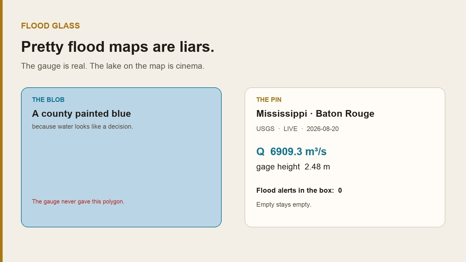 Split still: a blue county blob vs one USGS pin at Baton Rouge