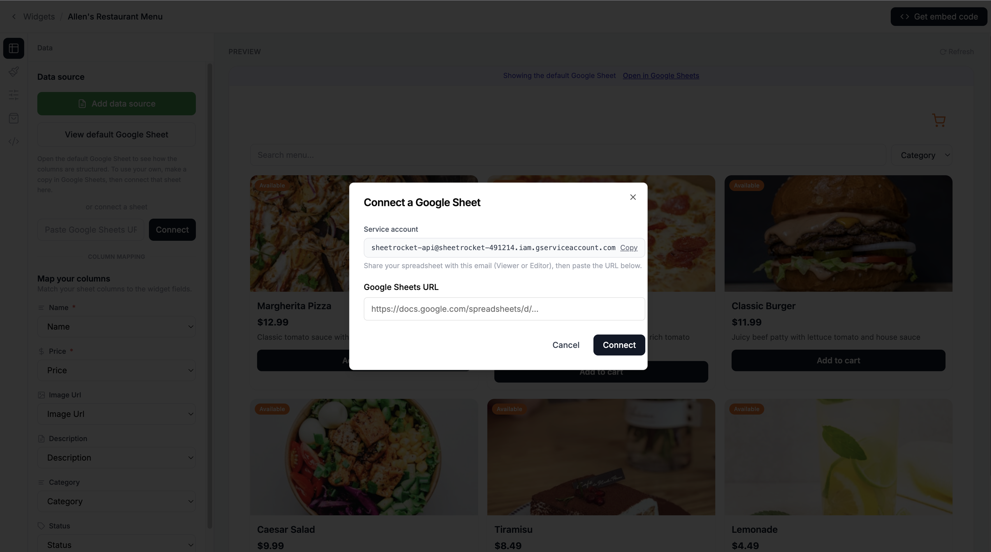 Screenshot of the Data tab showing the service account email with a copy button