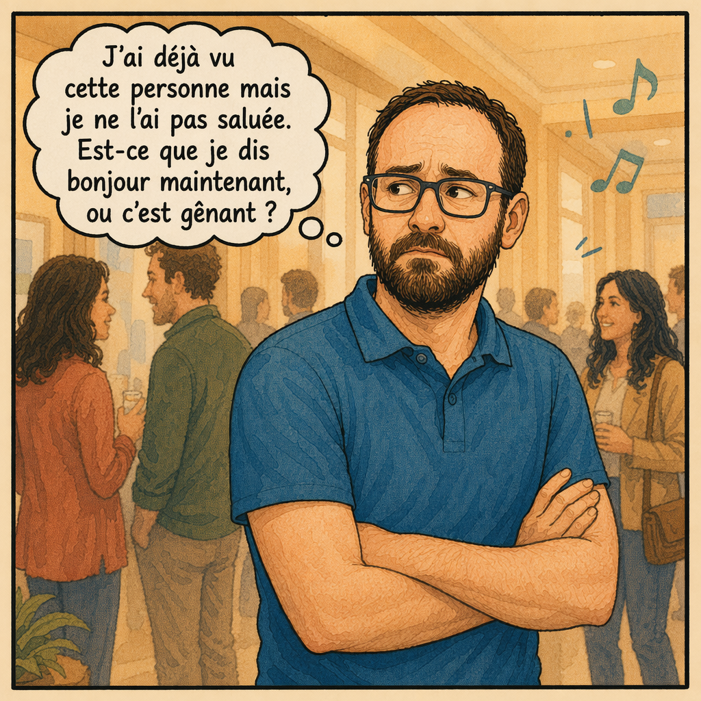 Raphaël les bras croisés, bulle de pensée : j'ai vu cette personne mais je ne l'ai pas saluée.