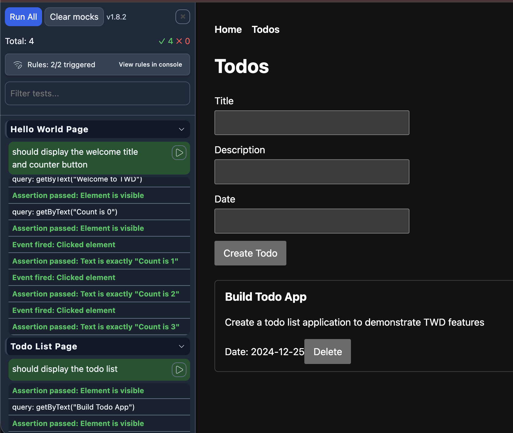 TWD sidebar running tests inside a vanilla JS app