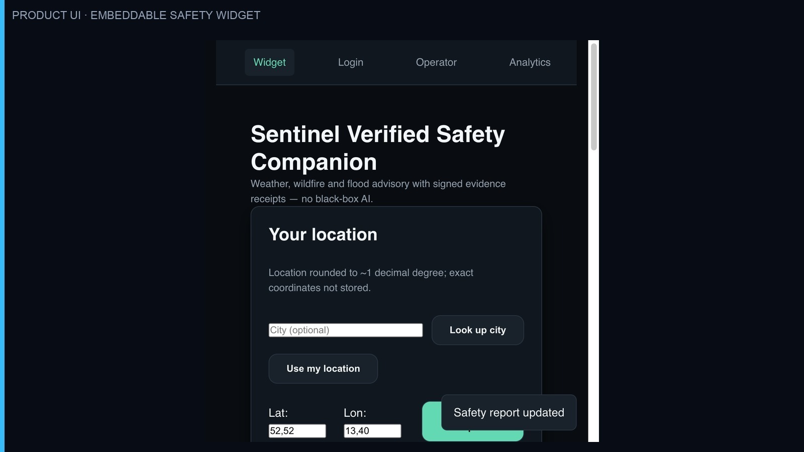 Sentinel live widget on Vercel