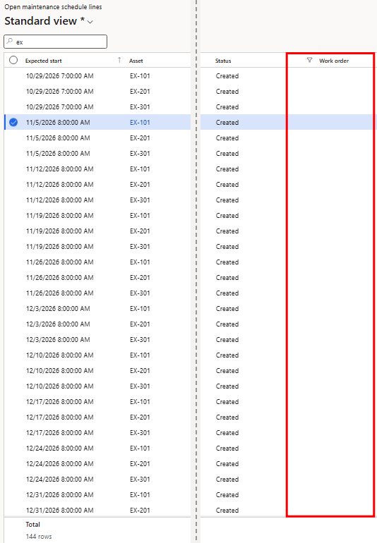 The same 144 schedule lines after a run with Auto create selected, still without work orders