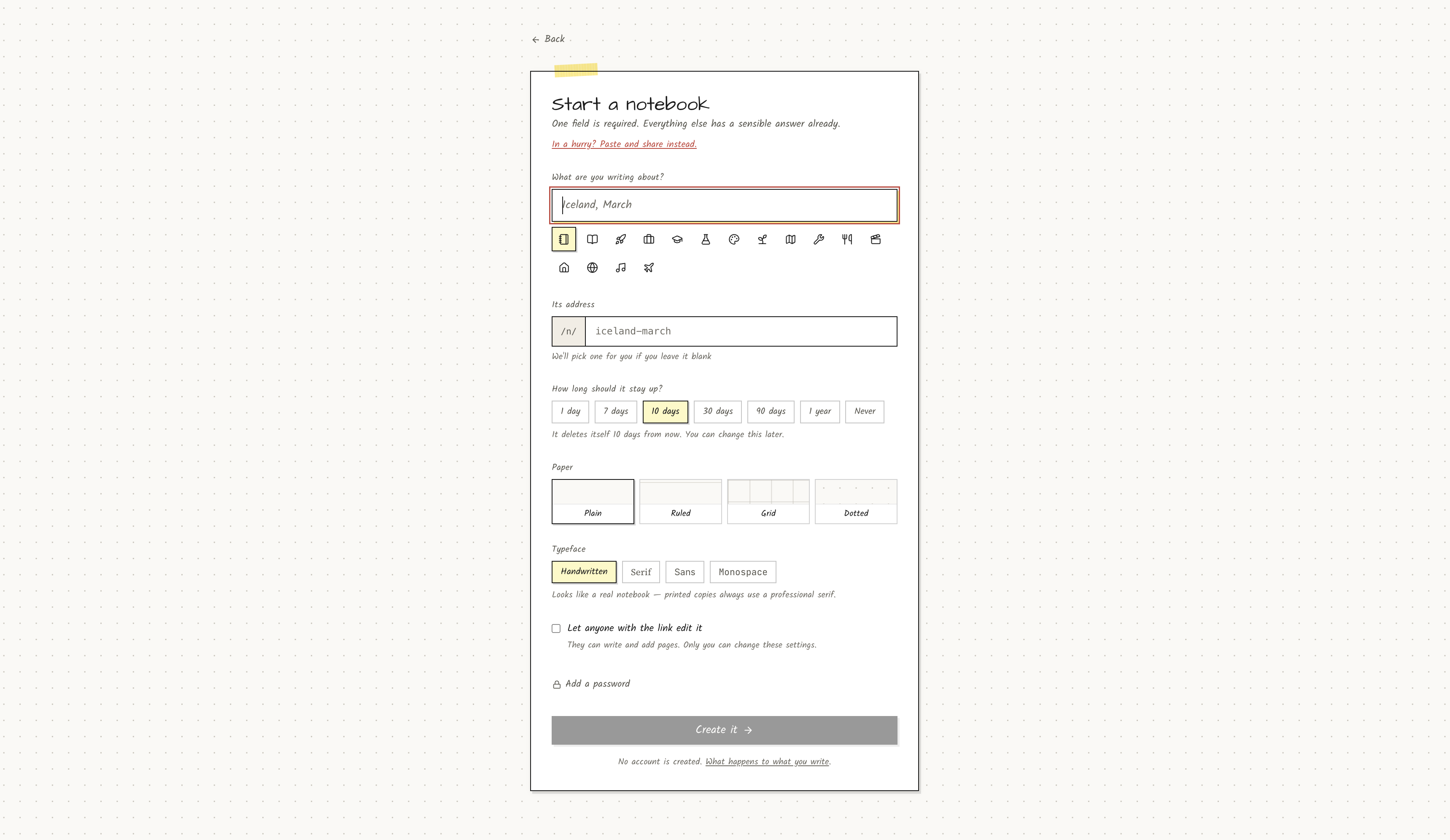 New notebook form with custom slug check and paper texture picker