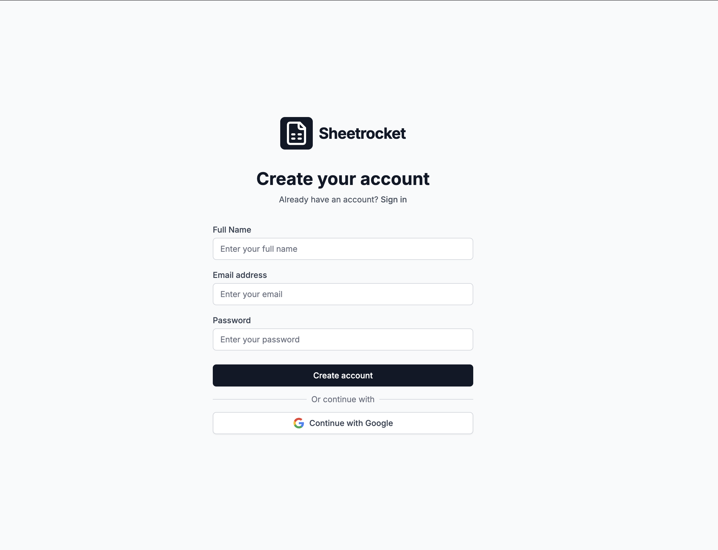 Screenshot of the Sheetrocket signup page