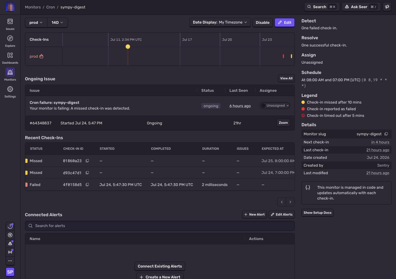 Sentry cron monitor detail page showing missed and failed check-ins and an ongoing issue