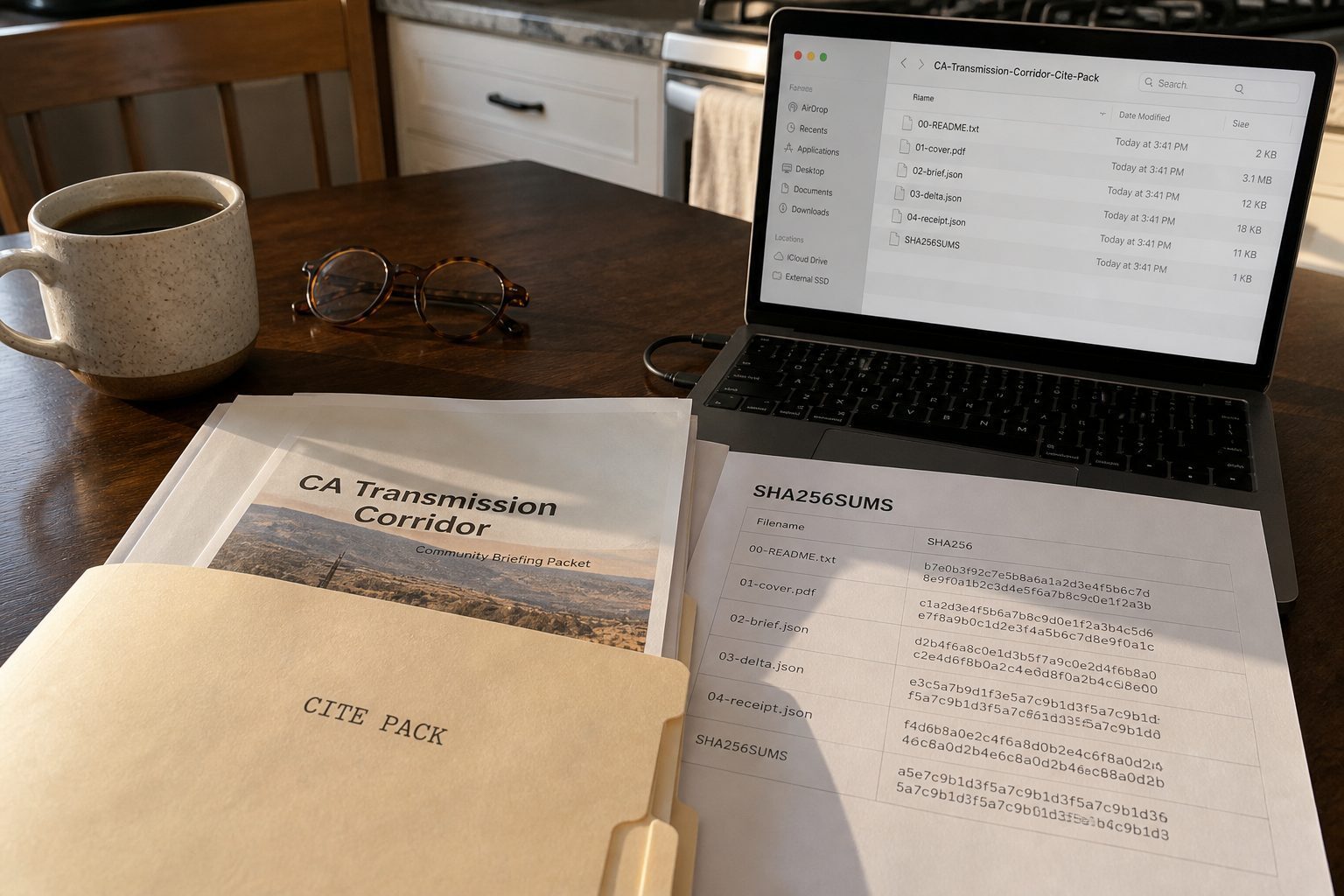 Kitchen table: an unzipped cite pack, a PDF, and a laptop listing the files