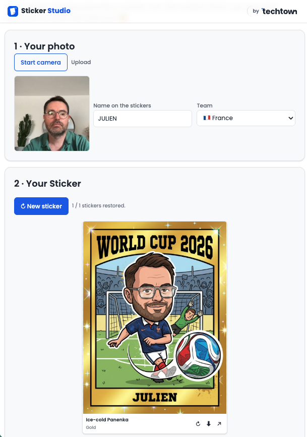 The public Studio keeps the experience simple: one photo, one team, one personalized sticker.