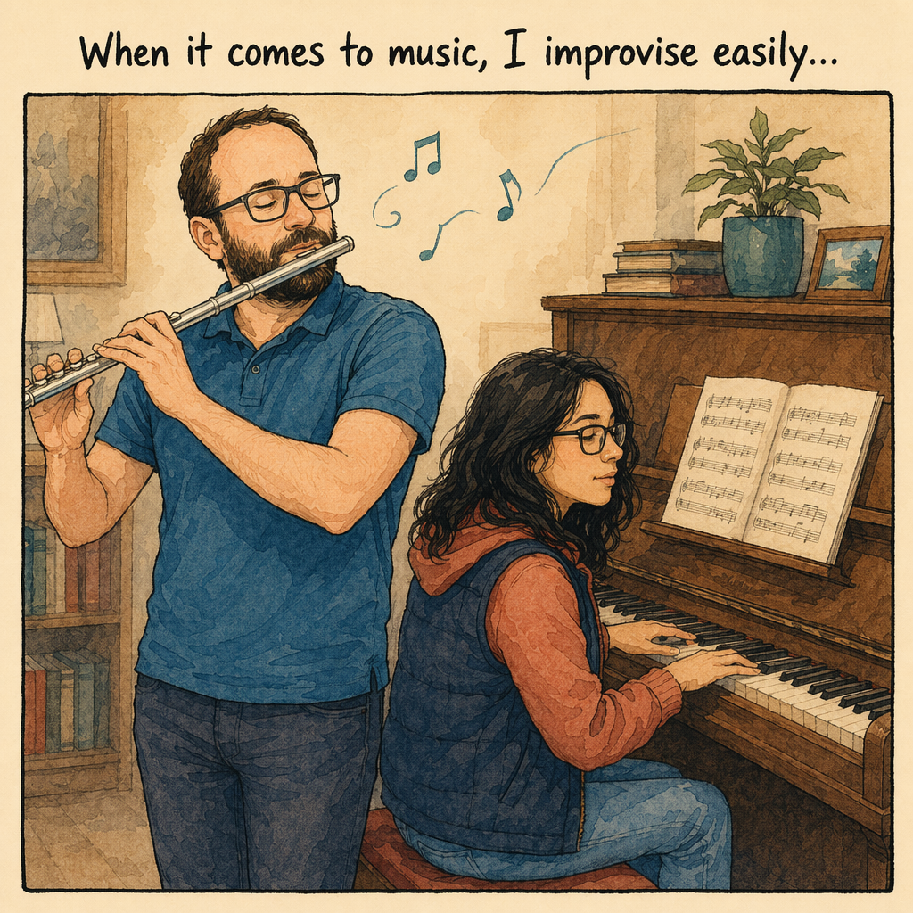 Raphaël plays flute while Jimena accompanies on piano. Caption: When it comes to music, I improvise easily...