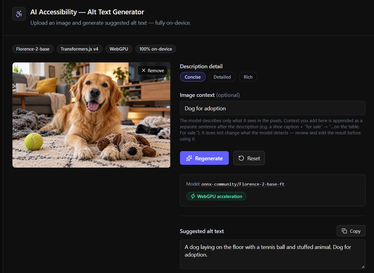 App for alt text generation - it describes a dog