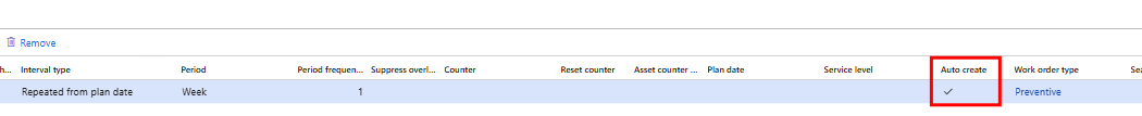 Maintenance plan line with Auto create selected and Work order type Preventive