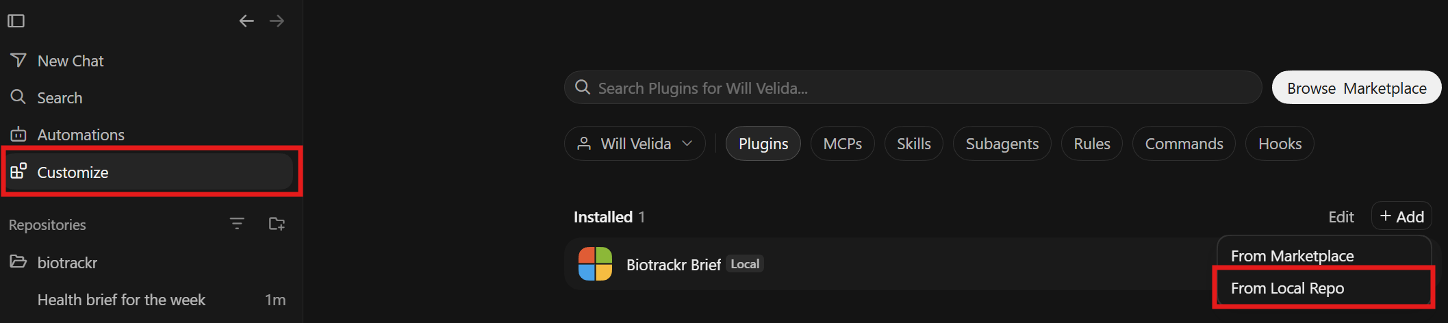Cursor’s Customize menu with the biotrackr-brief plugin being added from a local repository