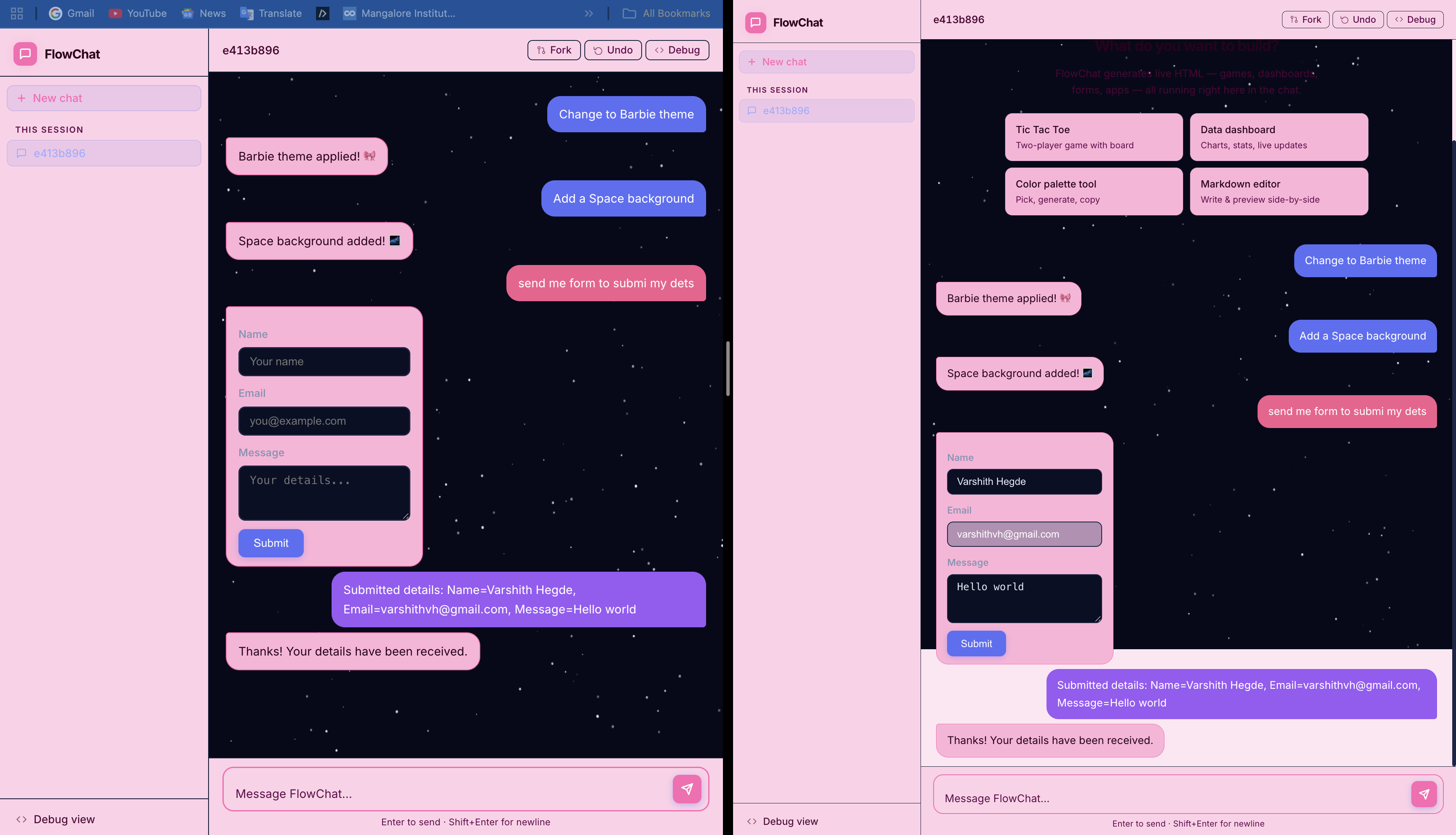 Two browser windows on the same chat URL receiving the same message