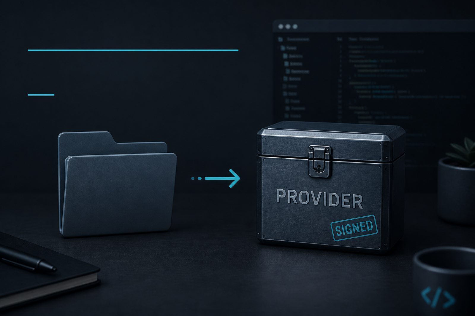 Empty folder becoming a stamped PROVIDER box on a dark desk