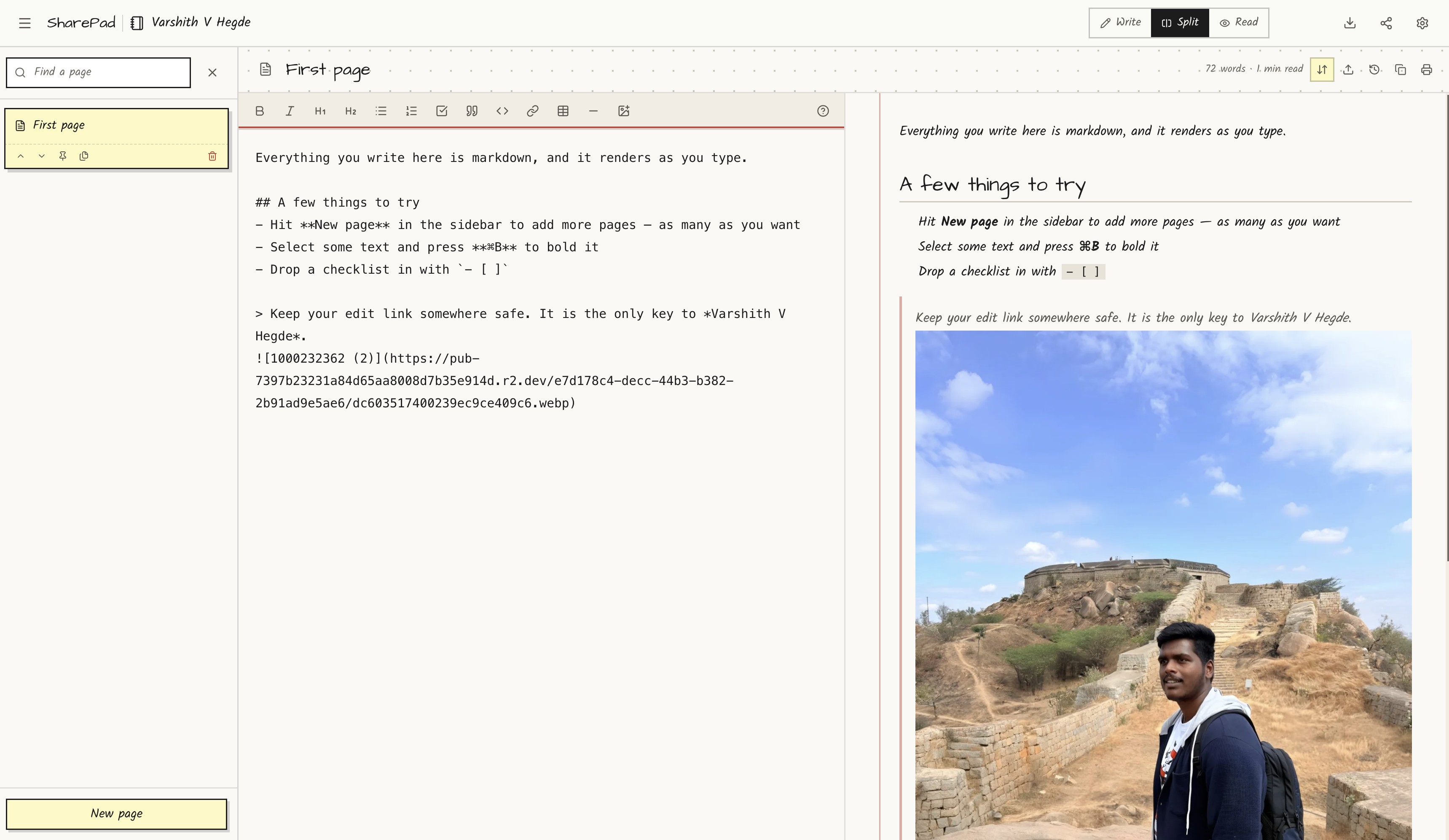 Split editor with markdown on the left, live preview on the right, red margin rule visible