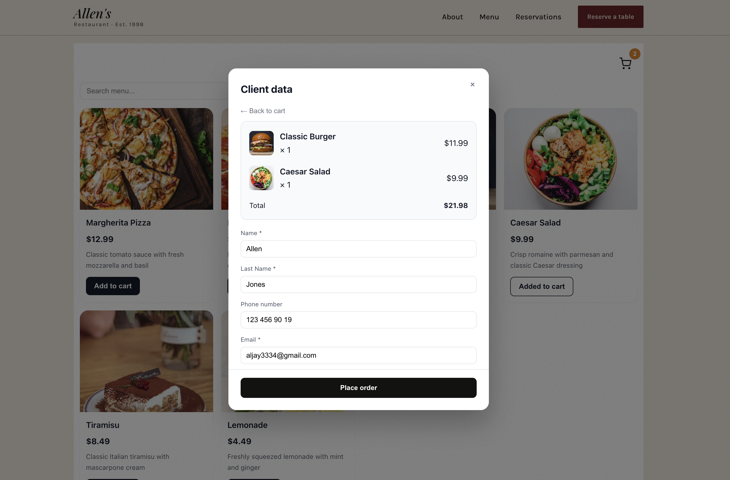 Screenshot of the checkout form with name, email, phone, and address fields filled in