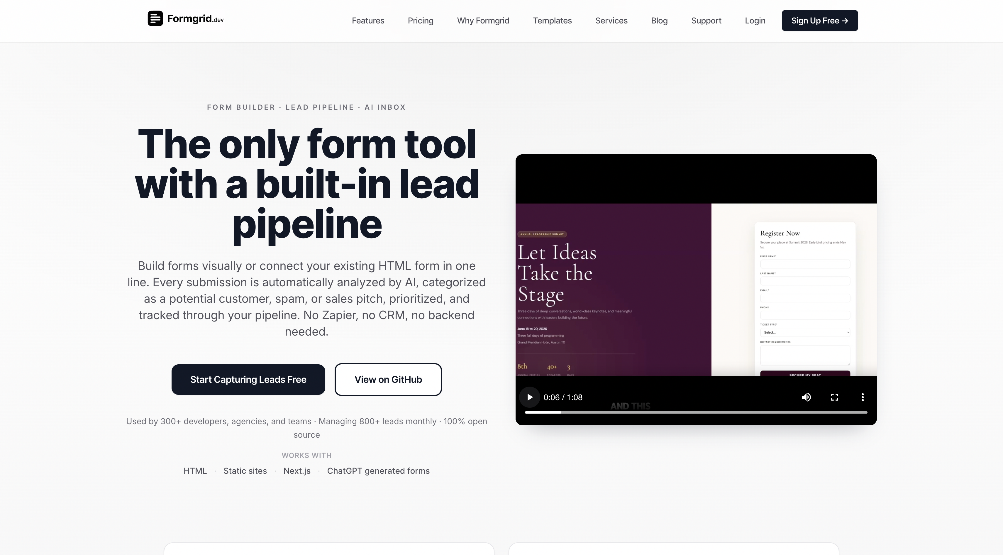 Screenshot: Formgrid landing page