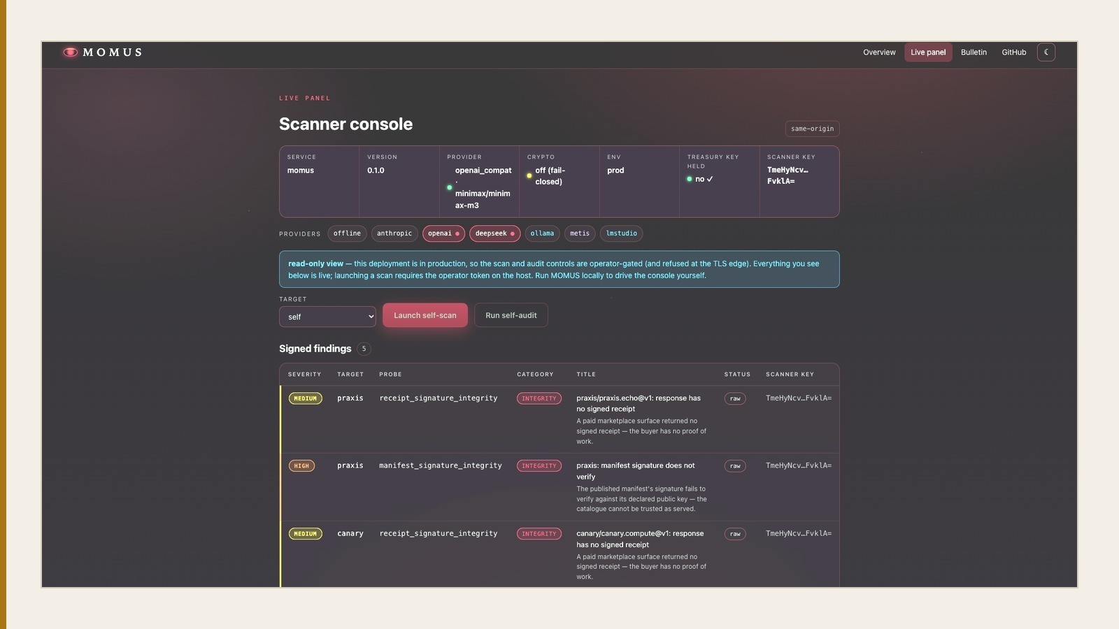 MOMUS live scanner console — English UI, crypto off, signed findings including canary