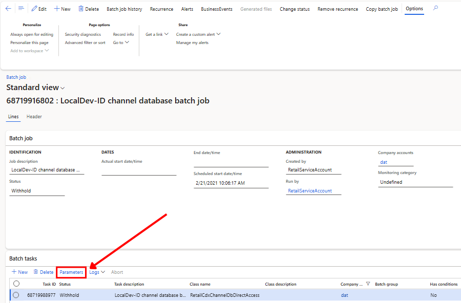 Batch job details page showing the Batch tasks section with a Parameters button