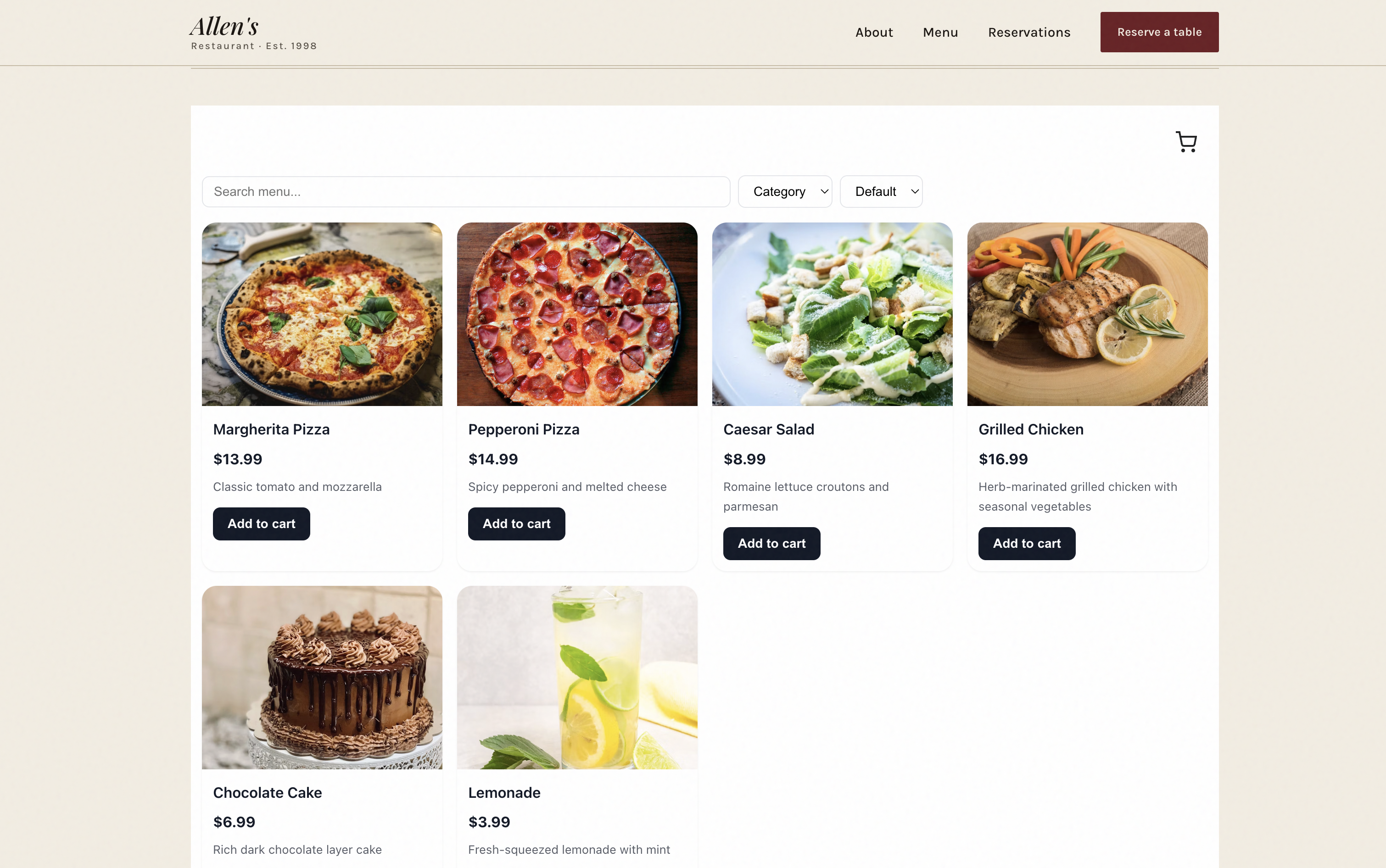 Screenshot of the menu widget showing the updated price of $13.99 on the Margherita Pizza card