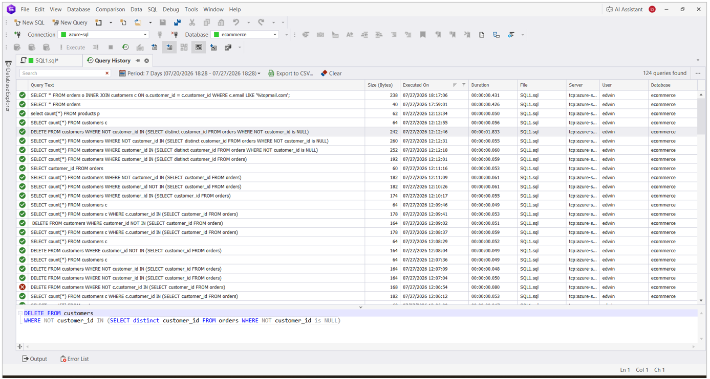 Query history panel listing previously executed queries