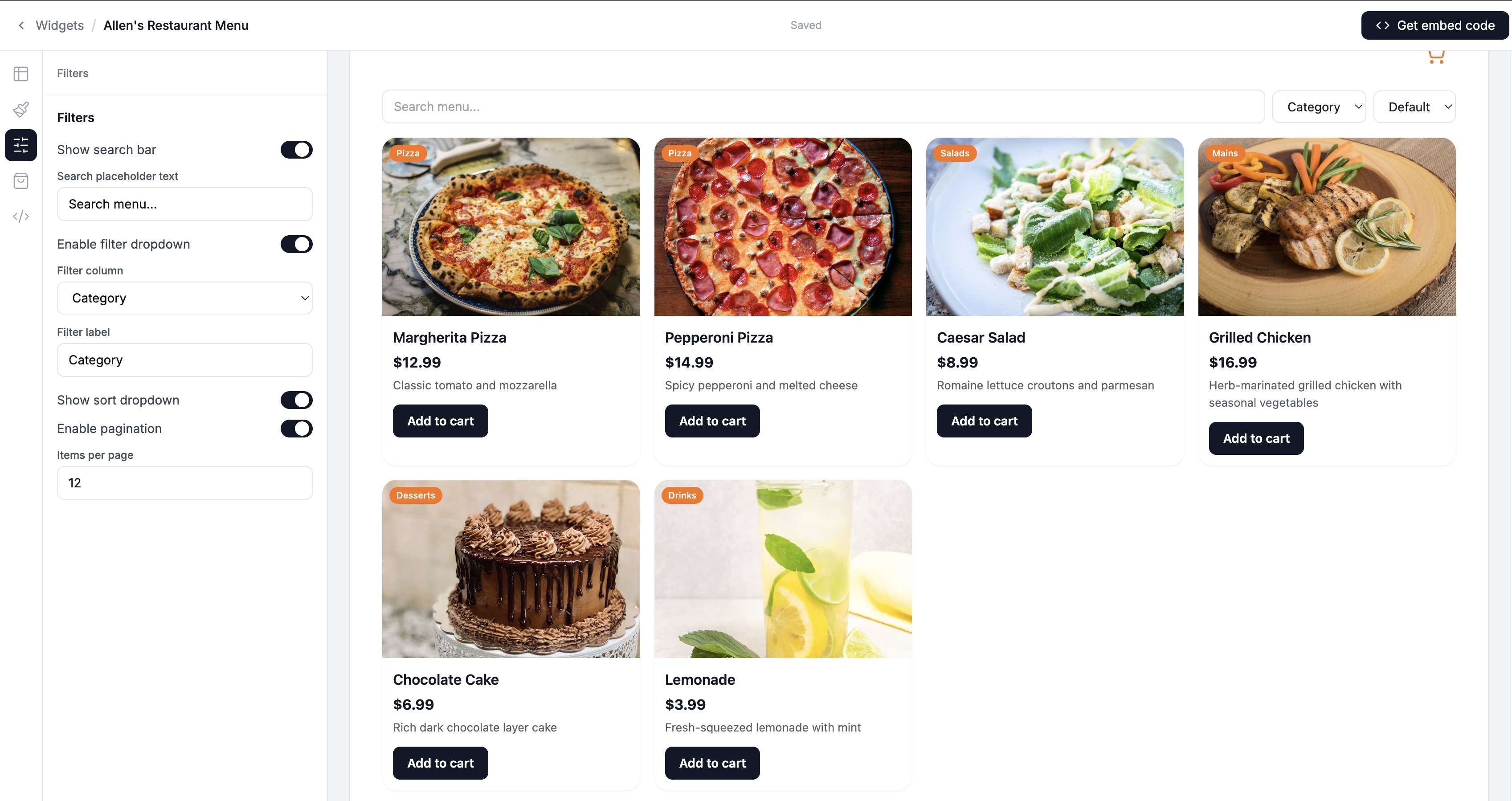 Screenshot of the Filters tab with search enabled, category filter enabled, and pagination on