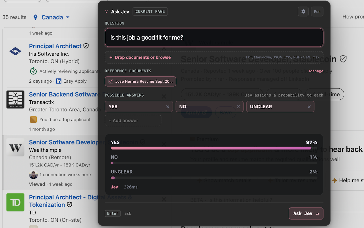 A PDF attached to the Ask Jev palette, shown as a chip above the possible answers