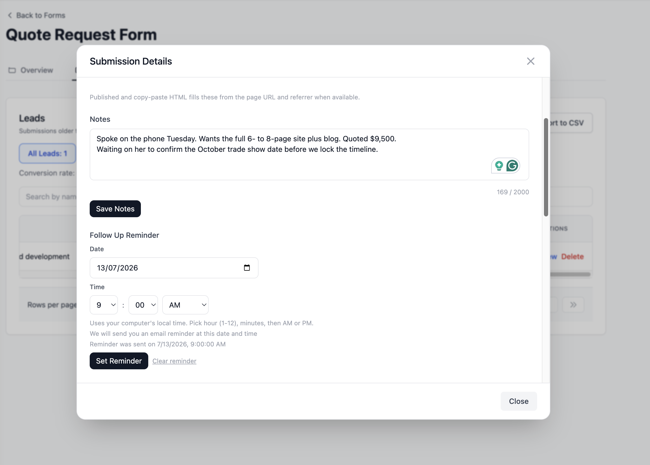 Screenshot: Note field on a lead detail page