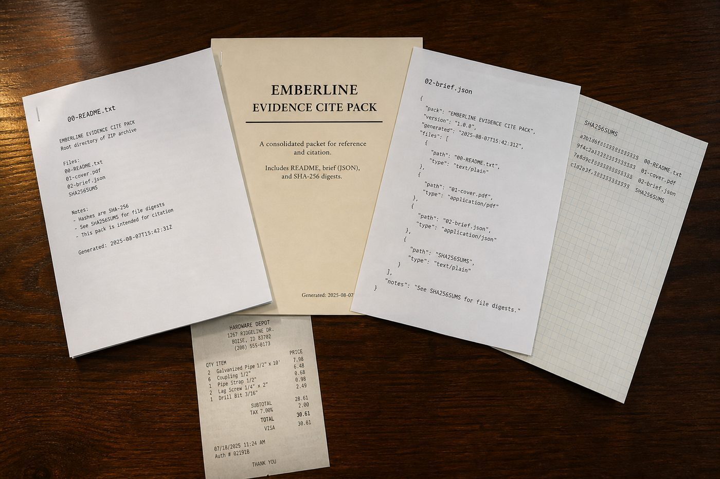 Unzipped papers on a walnut table — README, cover, hashes